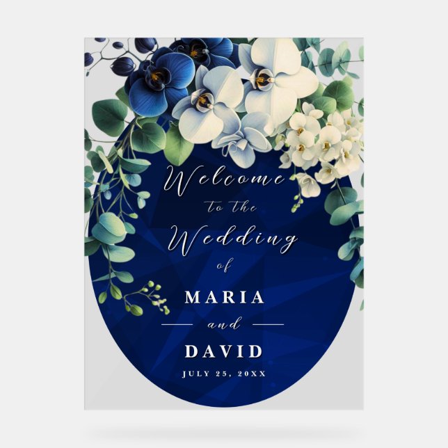 Señal Acrílica Cartel de bienvenida de boda floral azul marino (Anverso)