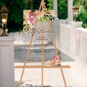 Señal Acrílica Cartel de bienvenida de boda floral boho con color