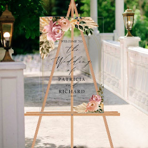 Señal Acrílica Cartel de bienvenida de boda floral boho con color