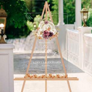 Señal Acrílica Cartel de bienvenida de boda floral de calabaza de