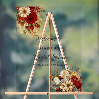 Señal Acrílica Cartel de bienvenida floral boho de Borgoña para f