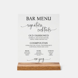 Señal Acrílica Cartel de menú de bar de boda de acrílico