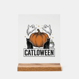 Señal Acrílica Catloween Gato Negro Fantasma Diseño Vectorial de