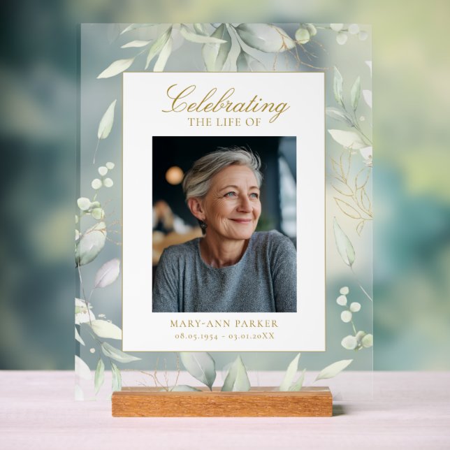 Señal Acrílica Celebrating Life Greenery Photo Funeral Memorial  (Neutral )