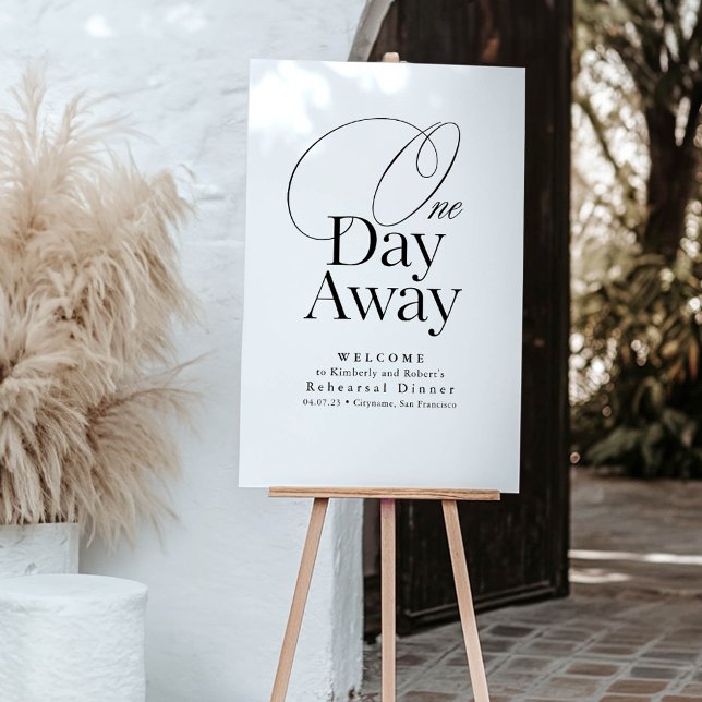Señal Acrílica Cena elegante bienvenida blanca (White Rehearsal Dinner Welcome Sign "One Day Away")