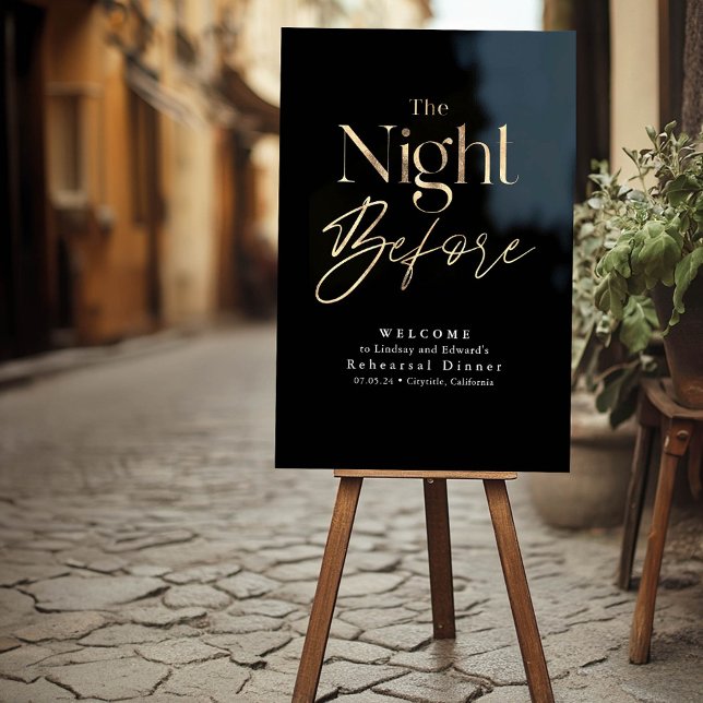 Señal Acrílica Cena moderna de ensayo Bienvenida negra (Modern Black and Gold Rehearsal Dinner Welcome Sign)