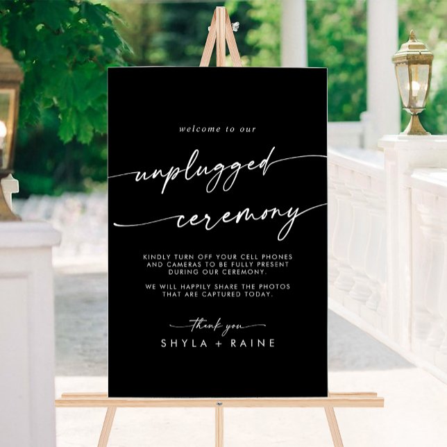 Señal Acrílica Ceremonia de desconexión del Boda blanco negro de  (Boho Chic White Black Wedding Unplugged Ceremony Acrylic Sign)