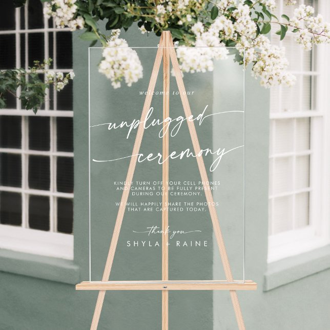 Señal Acrílica Ceremonia de desconexión del Boda blanco transpare (Boho Chic White Clear Wedding Unplugged Ceremony Acrylic Sign)