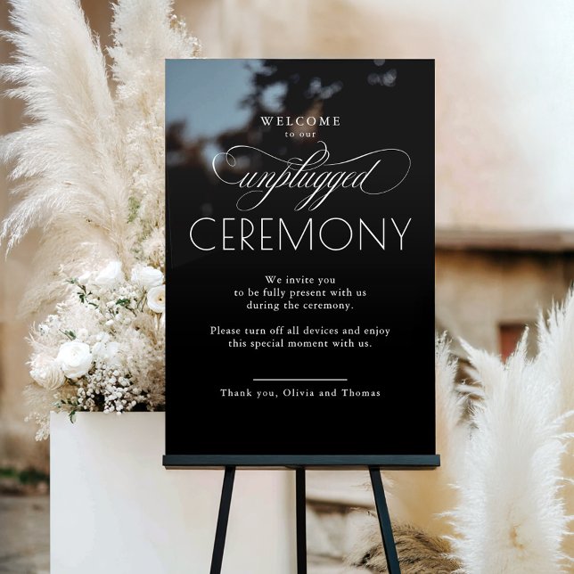 Señal Acrílica Ceremonia de escritura moderna negra sin conexión (Unplugged Ceremony Black Modern Wedding Acrylic Sign)