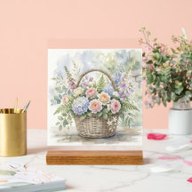 Cesta floral de acuarela con rosas e hydrangeas
