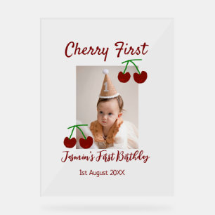 Señal Acrílica Cherry primer feliz cumpleaños foto niños rojo mod