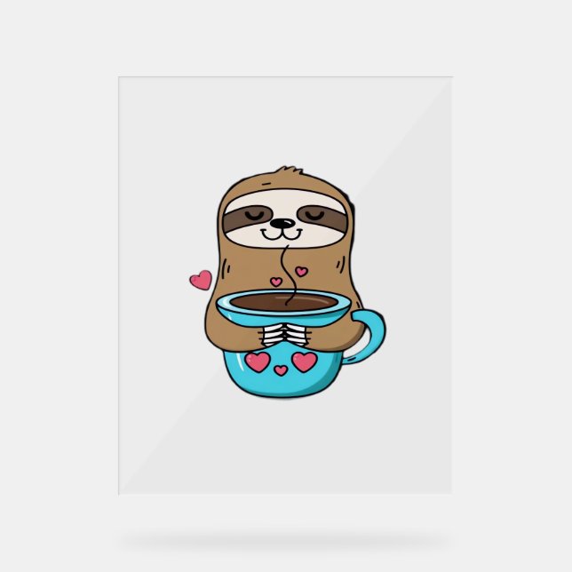 Señal Acrílica Chibi Sloth Coffee Lover - Cute Kawaii Sloth Huggi (Anverso)