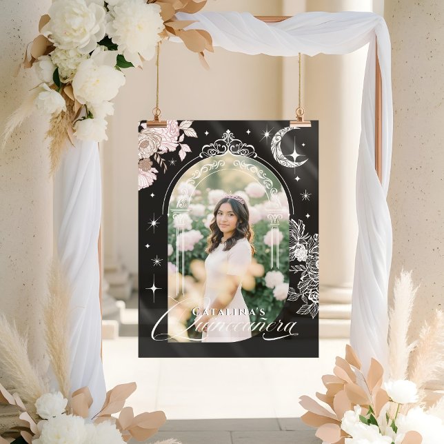 Señal Acrílica Chic Floral Celestial Moon Stars Photo Quinceanera (Chic Floral Celestial Moon Stars Photo Quinceanera Acrylic Sign)