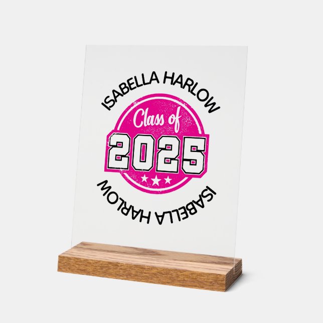 Señal Acrílica Clase de nombre de graduado rosado 2025 (Ángulo)