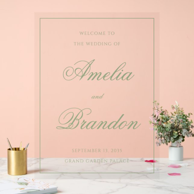 Señal Acrílica Classic Sage Green Script & Border Wedding Welcome (Boda)