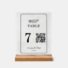 Señal Acrílica Código QR Beige Elegant Wedding Table Number Card
