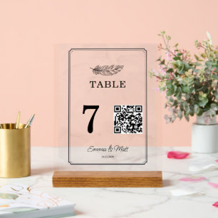 Señal Acrílica Código QR Beige Elegant Wedding Table Number Card