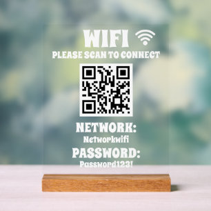 Señal Acrílica Código QR blanco moderno contraseña y red inalámbr