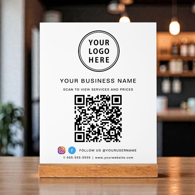 Señal Acrílica Código QR comercial y logotipo blanco (Business QR Code and Logo White Acrylic Sign)