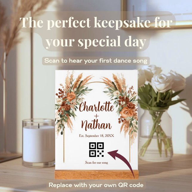 Señal Acrílica Código QR de canción de boda personalizada bohemio (Custom wedding acrylic block. Add your names, date, and a QR code to play your first dance song!)