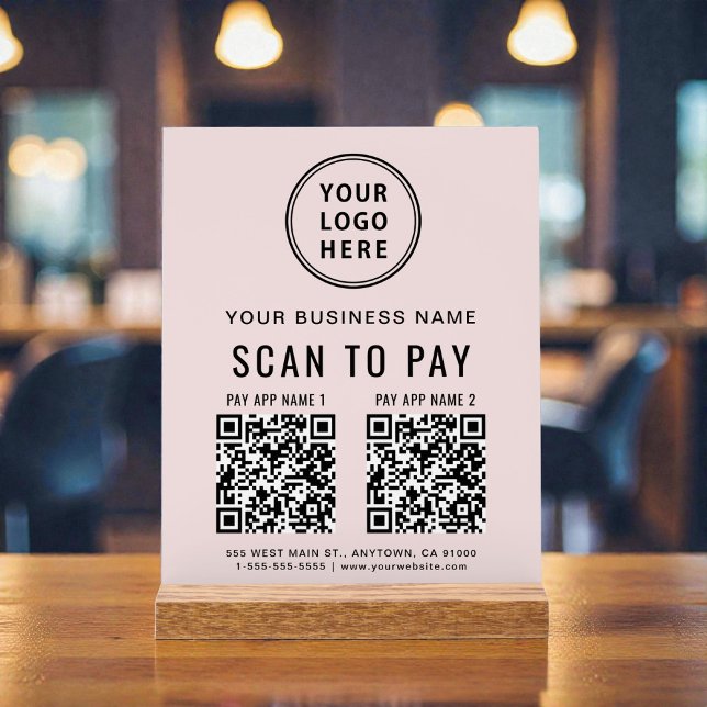 Señal Acrílica Código QR de pago con escaneo Mesa rosa (Scan to Pay QR Code Pink Tabletop Acrylic Sign)