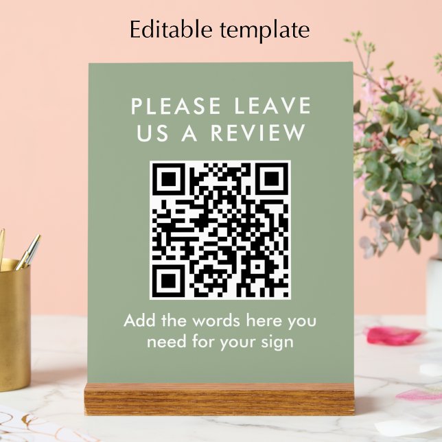 Señal Acrílica Código QR de reseña personalizado verde sage moder (Customize this template with your custom text. Sage green modern QR code sign.)