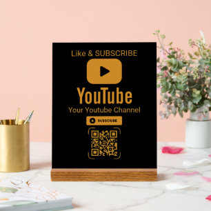 Señal Acrílica Código QR de suscripción a YouTube en oro negro
