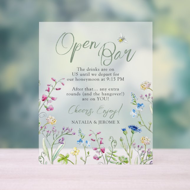 Señal Acrílica Colorful Watercolor Wildflower Open Bar wedding (Neutral )