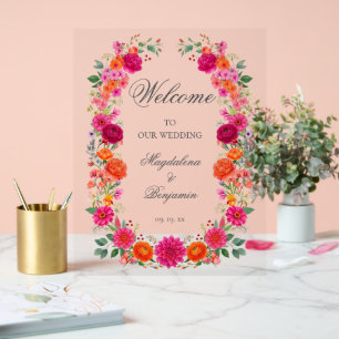 Señal Acrílica Colorido Rosa y Naranja Floral Boda Bienvenida