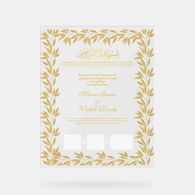 Señal Acrílica Contrato Boda islámico, Rótulo acrílico (Anverso)