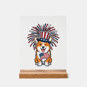 Señal Acrílica Corgi Patriótico Fuegos Artificiales Diseño Vector