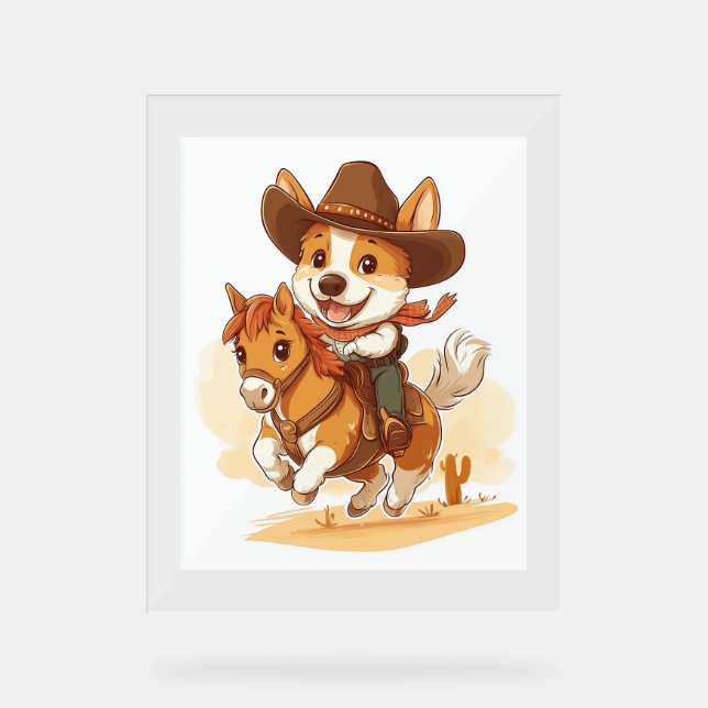 Señal Acrílica Cowboy Corgi - Perro rodeo occidental (Anverso)