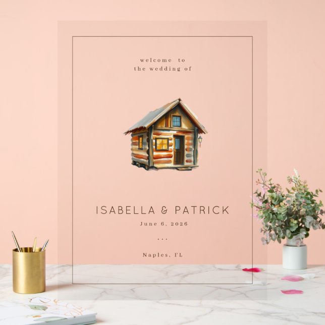 Señal Acrílica Cozy Rustic Watercolor Cabin (Boda)