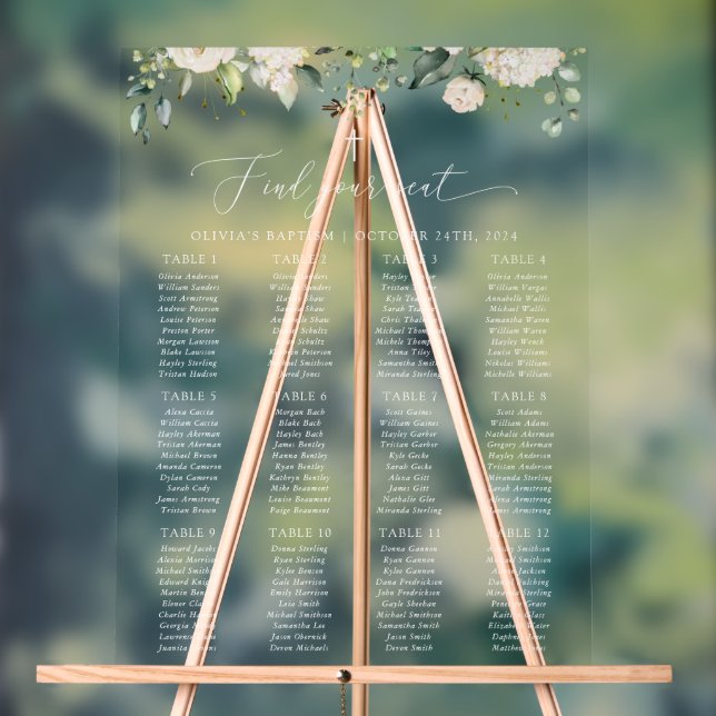 Señal Acrílica Cream White Flowers, Boho, Baptism Seating Chart (Neutral )