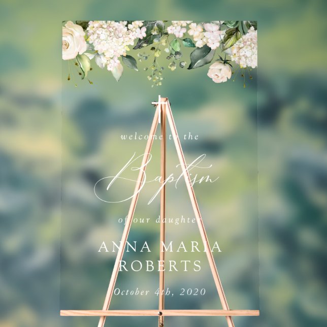Señal Acrílica Cream White Flowers, Boho, Floral Baptism Welcome (Neutral )