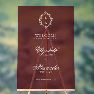 Señal Acrílica Crest Opulento Burgundy Dinero Antiguo Boda Bienve