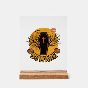 Señal Acrílica Cuidado Camiseta Vintage Calabaza Ataúd Halloween