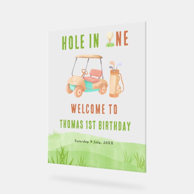 Señal Acrílica Cumpleaños de bienvenida de golf Hole In One (Ángulo)