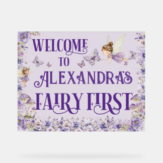 Señal Acrílica Cumpleaños de bienvenida Purple Floral Fairy First
