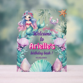 Señal Acrílica cumpleaños de la sirena morada purpurina