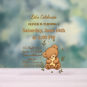 Señal Acrílica Cumpleaños infantil con Teddy Bear Cozy