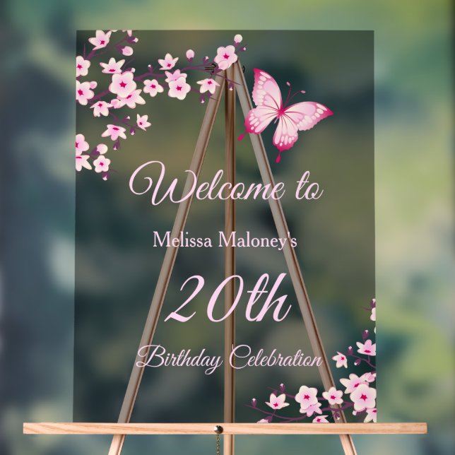Señal Acrílica Cumpleaños Mariposa Flores de Cerezo (Neutral )