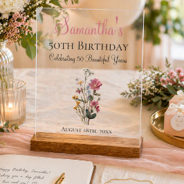 Señal Acrílica Cumpleaños número 50 Fiesta Recuerdo de Flor Silve