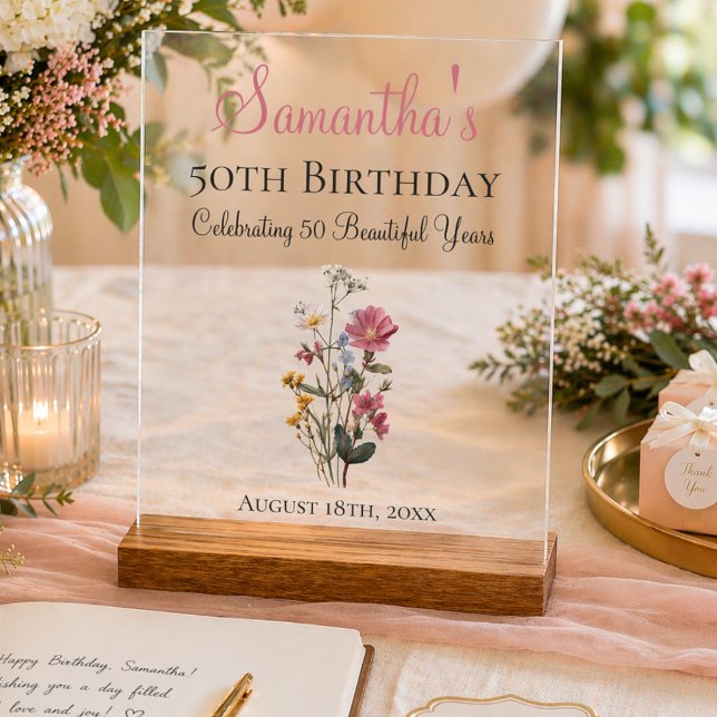 Señal Acrílica Cumpleaños número 50 Fiesta Recuerdo de Flor Silve (Subido por el creador)