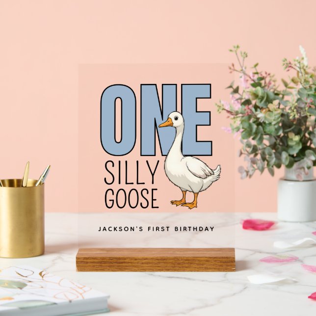 Señal Acrílica Custom Modern Blue One Silly Goose First Birthday (Boda)