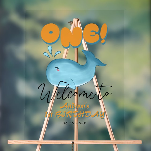 Señal Acrílica Cute Baby Blue Whale 1st Birthday Welcome (Neutral )