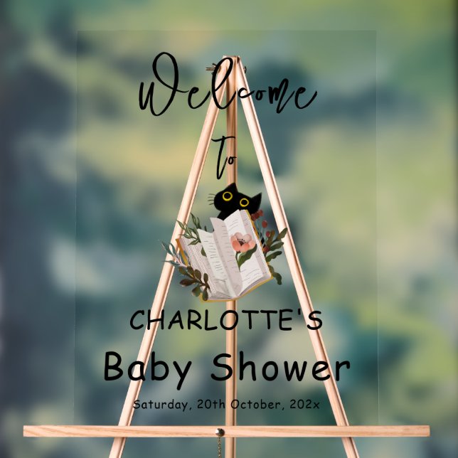 Señal Acrílica Cute Black Cat and Book Baby Shower Welcome (Neutral )