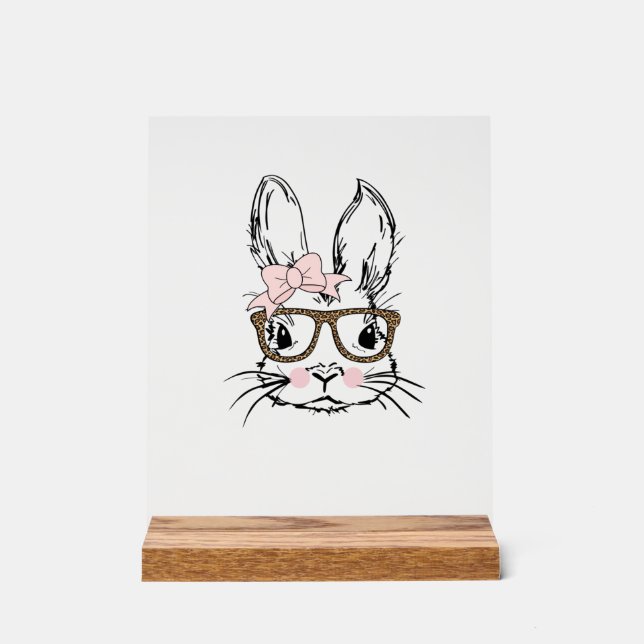 Señal Acrílica Cute Bunny Face Shirt Leopard Print Glasses EASTER (Anverso)