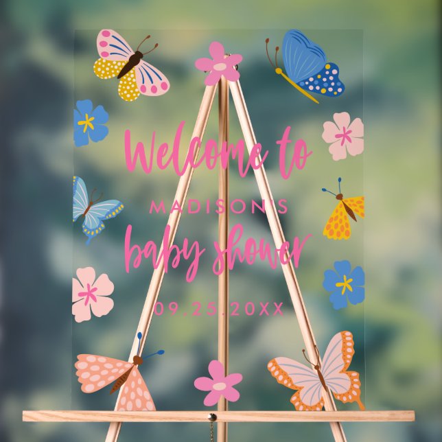 Señal Acrílica Cute Butterflies Baby Shower Welcome (Neutral )