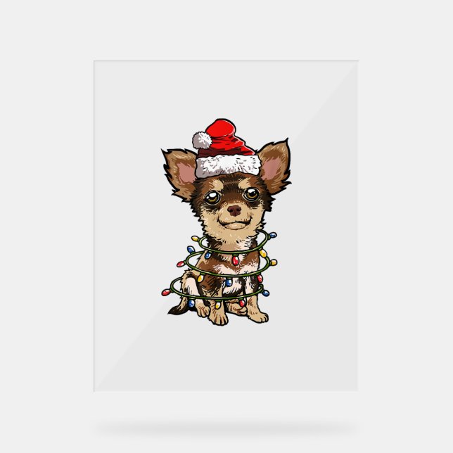 Señal Acrílica Cute Chihuahua Santa Christmas Tree enciende Navid (Anverso)